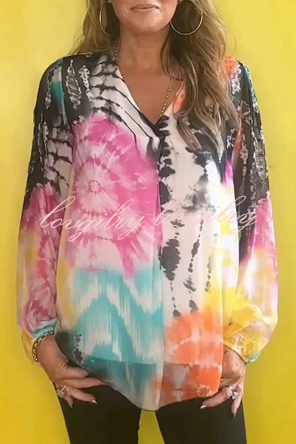 Fashionable Gradient Tie-dye V-neck Long Sleeve Shirt