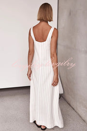 Simple and Stunning Linen Blend Pinstripe Detail Square Neck A-line Maxi Dress