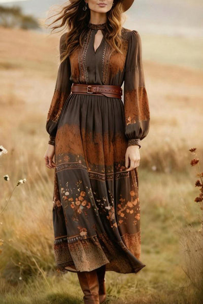 Fashionable Hollowed-out Round Neck Long Sleeve Fitted Waist Midi Dress