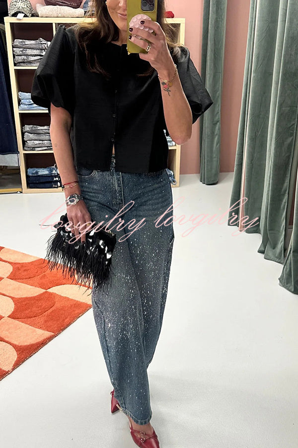 Fashionable Rhinestone Mid-rise Loose Pocket Straight Jeans