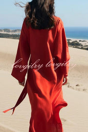 Linen Blend Solid Color Casual Lapel Tie Loose Maxi Dress