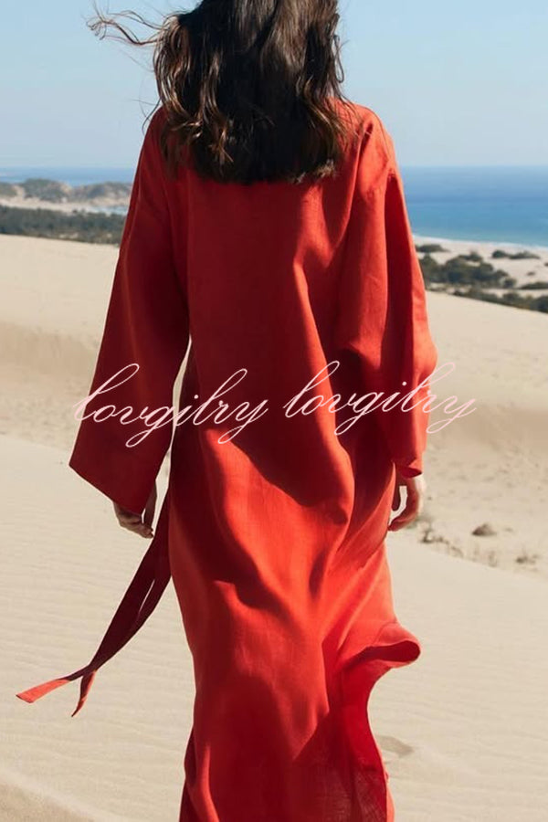 Linen Blend Solid Color Casual Lapel Tie Loose Maxi Dress
