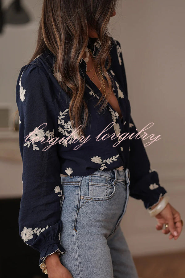 Floral Embroidery Long-Sleeved Button-Up Elegant Shirt