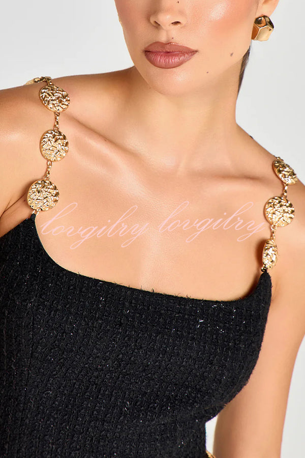 Timeless Exquisite Tweed Fabric Metal Coin Chain Detail Slip Mini Dress