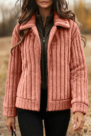 Stylish Long-sleeved Collared Zip-up Casual Plush Coat