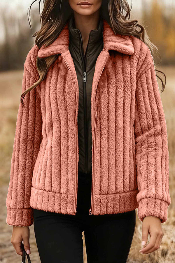 Stylish Long-sleeved Collared Zip-up Casual Plush Coat