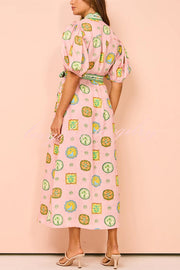 Orla Unique Print Balloon Sleeves Printed Belt Pocket Midi Dress