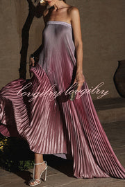 Gorgeous Styling Satin Pleated Elastic Bust Strapless A-line Gown Maxi Dress