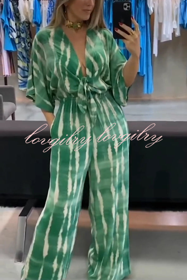 Striped Print V-Neck Lace-Up Casual Wide-Leg Jumpsuit