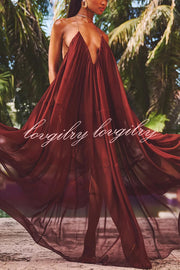 Flowing Lightweight Chiffon Chain Halter Neck Detail Backless A-line Maxi Dress