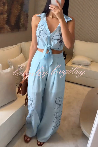 Ferrie Linen Blend Unique Print Tie-up Smocked Vest and High Rise Pocket Loose Pants Set