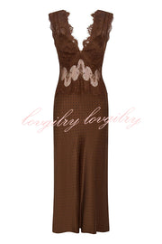 Wonderful Fusion Satin Lace Trim Poka Dot V-neck Drape Maxi Dress