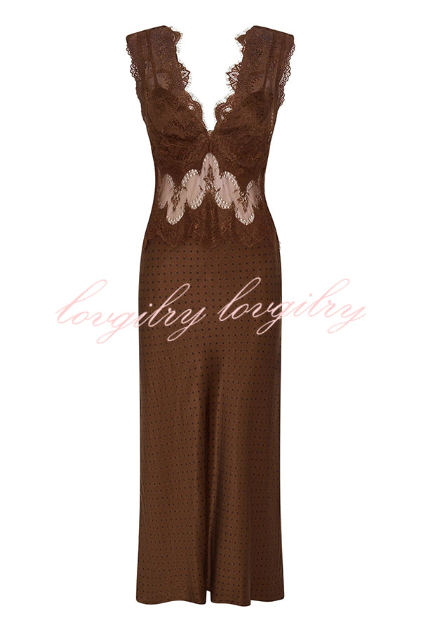 Wonderful Fusion Satin Lace Trim Poka Dot V-neck Drape Maxi Dress