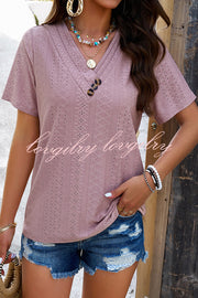 Temperament and Casual Buttoned V Neck Hollow Short Sleeved Top