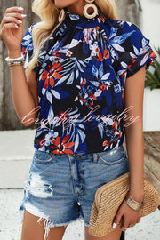 Floral Print Paneled Pleated Crew Neck Pullover Short Sleeved Top