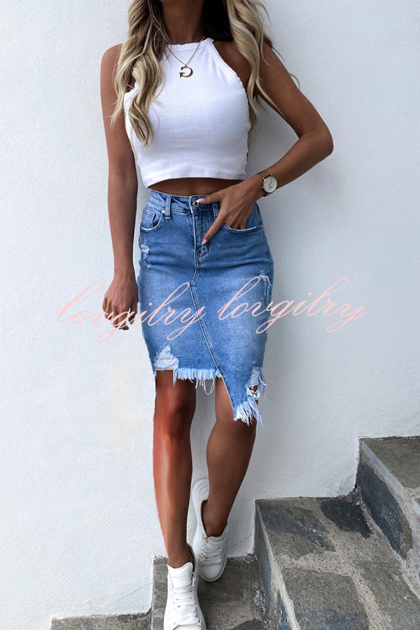 High Waist Ripped Irregular Denim Skirt