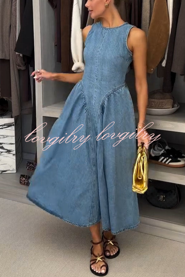 Classic and Stylish Denim Open Back Tie-up Gathered Hip Stretch Midi Dress