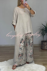 Linen Blend Crew Neck Long Sleeve Irregular Loose Top and Elastic Waist Floral Print Casual Pocket Set