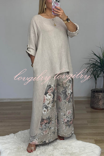 Linen Blend Crew Neck Long Sleeve Irregular Loose Top and Elastic Waist Floral Print Casual Pocket Set