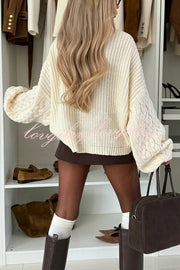 Stylish and Comfortable Ribbed Knit Turtleneck Cable Sleeve Loose Sweater
