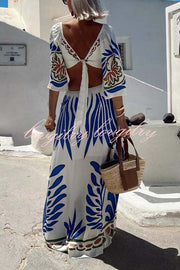 Linen Blend Unique Printed V-Neck Hollow Backless Lace-Up Holiday Maxi Dress