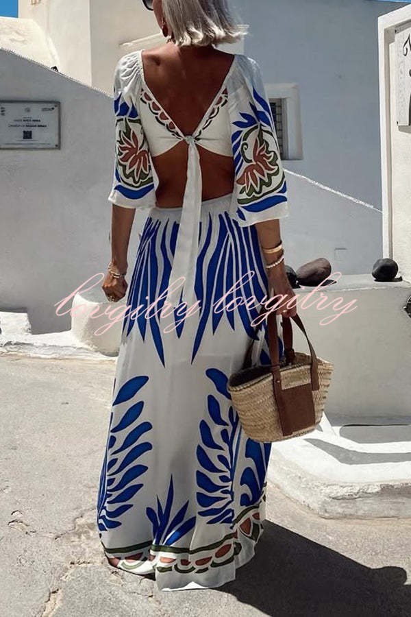 Linen Blend Unique Printed V-Neck Hollow Backless Lace-Up Holiday Maxi Dress