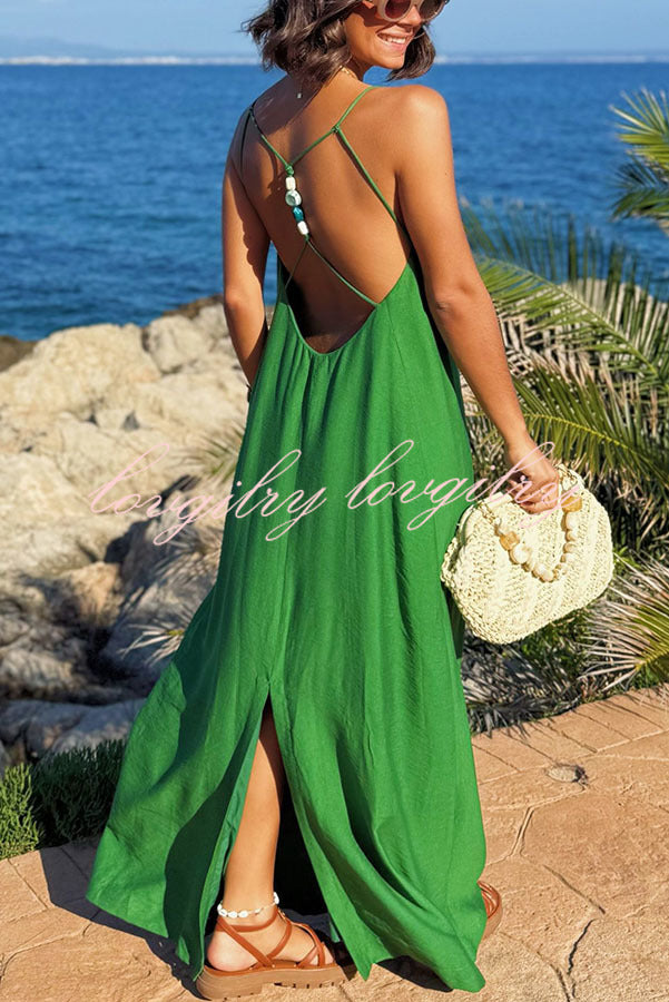 Sunny Beach Straps Unique Beaded Detail Backless Slit Maxi Dress