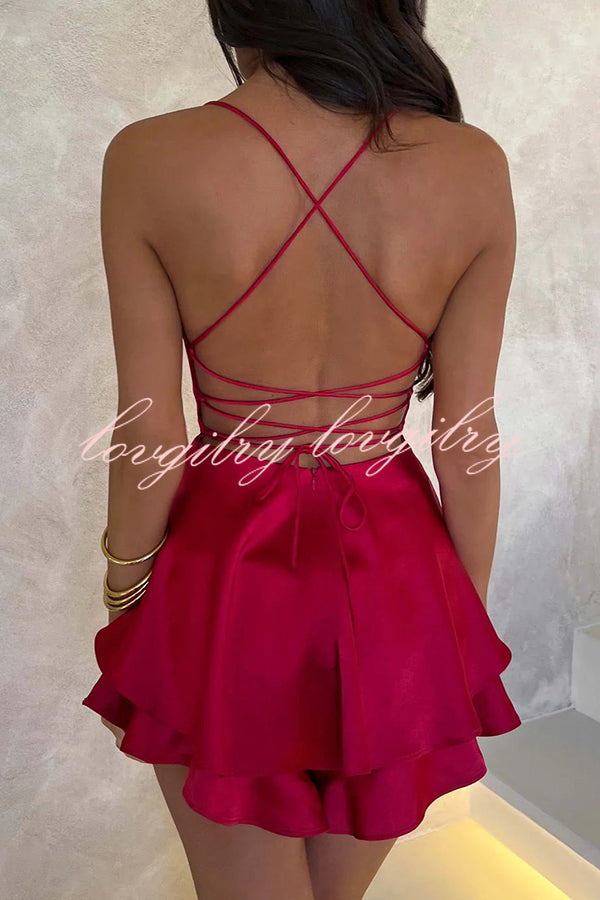 Ruffled Elegant Satin Strappy Satin Backless Lace Up Mini Dress