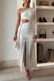 Amazing Type One Shoulder Cutout Drape Tassle Trim Stretch Maxi Dress