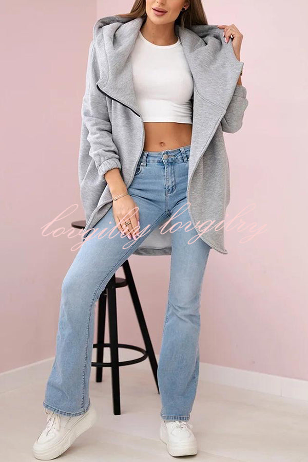 Solid Color Loose Hooded Zip-up Casual Sports Jacket