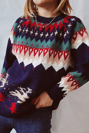 Christmas Pattern Knitted Crew Neck Long Sleeved Sweater