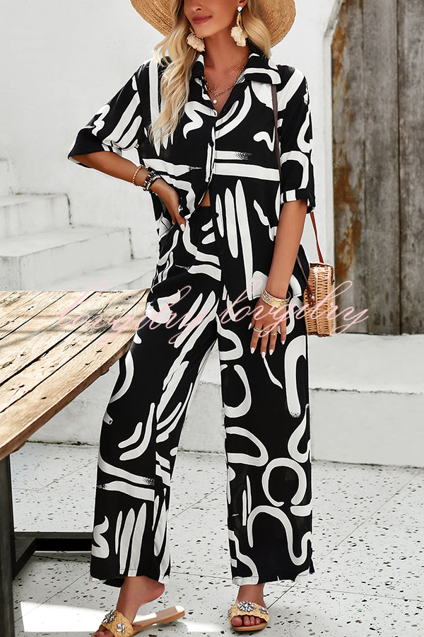 Irregular Printed Button Pocket Long Sleeved Shirt and Elastic Waist Pants Set