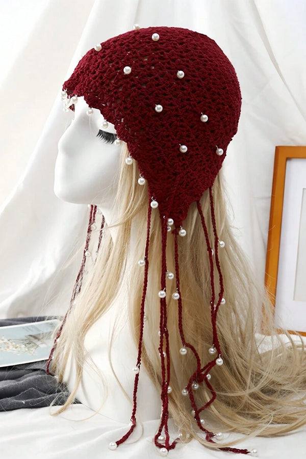 Solid Pearl Embellished Hollow Knit Hat