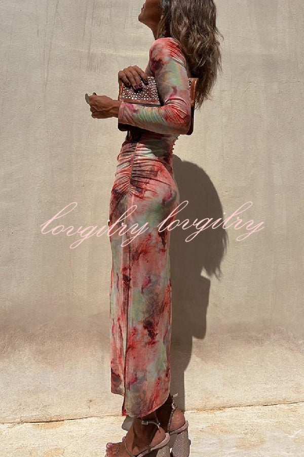 Charm Lady Mesh Overlay Tie Dye Print Long Sleeve Ruched Stretch Midi Dress