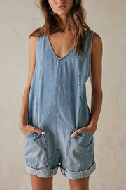 Stylish Loose Sleeveless Pocket Straps Adjustable Denim Rompers