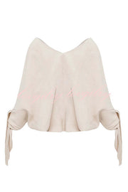 Joyful Bond Linen Blend V-neck Knotted Cuff Half Sleeve Loose Top