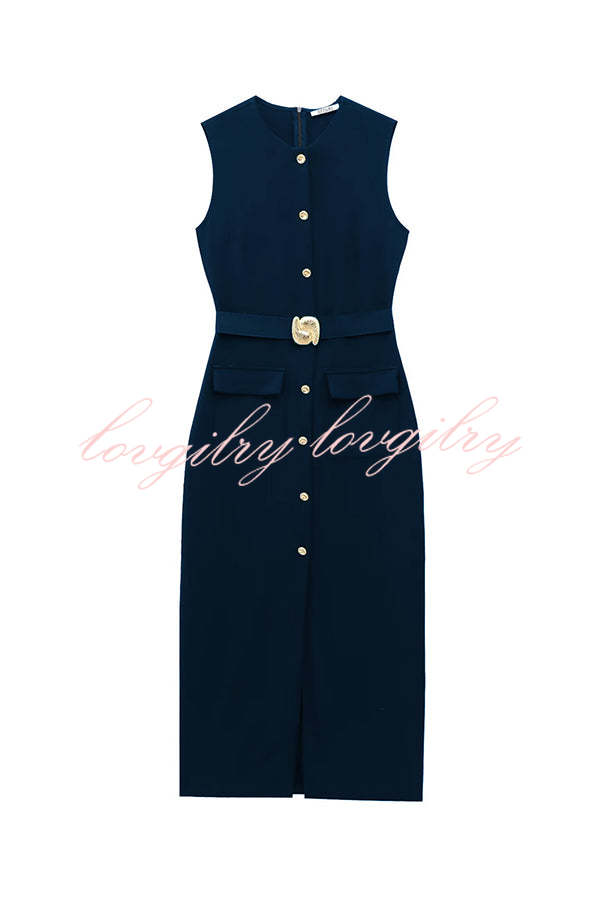 Danina Button Up Sleeveless Metal Belted Pocket Stretch Midi Dress