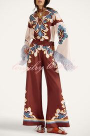 Bohemian Dreams Unique Print High Neck Feather Trim Bell Sleeve Top