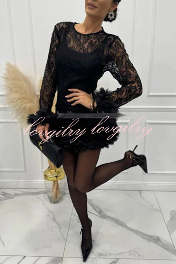 Alyssa Lace Fabric Tulle Layered Petals Trim Long Sleeve Mini Dress