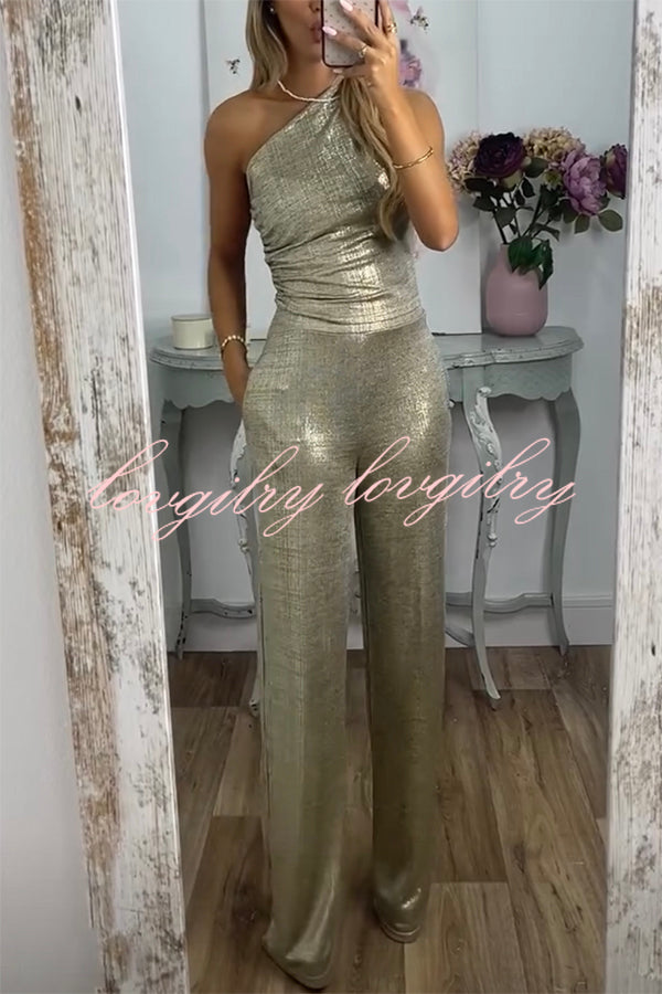 Shining Moment Metallic Fabric One Shoulder Ruched Tank and Pocketed Loose Stretch Pants Set