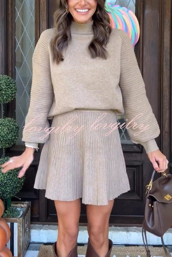 Solid Color Round Neck Puff Sleeve Loose Knit Sweater and Casual Striped Mini Skirt Set