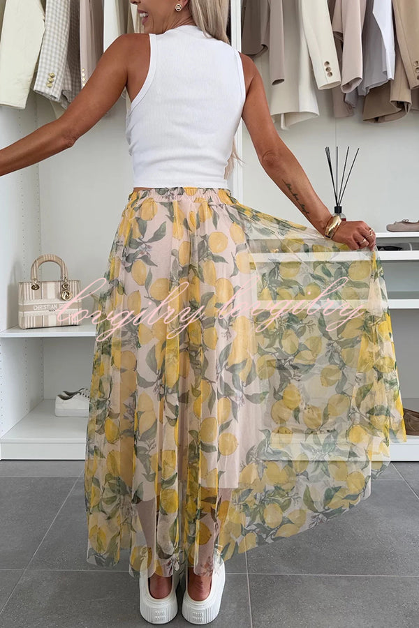 Summer Lemon Print Elastic Waist Tulle Holiday Midi Skirt