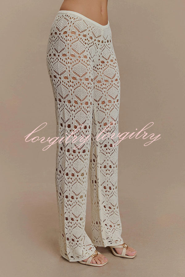 Trena Crochet Knit Hollow Mid Rise Stretch Wide Leg Pants