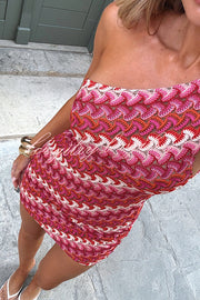 Playful Colorful Knitted Slim-fitting Offset Neck Stretch Mini Dress