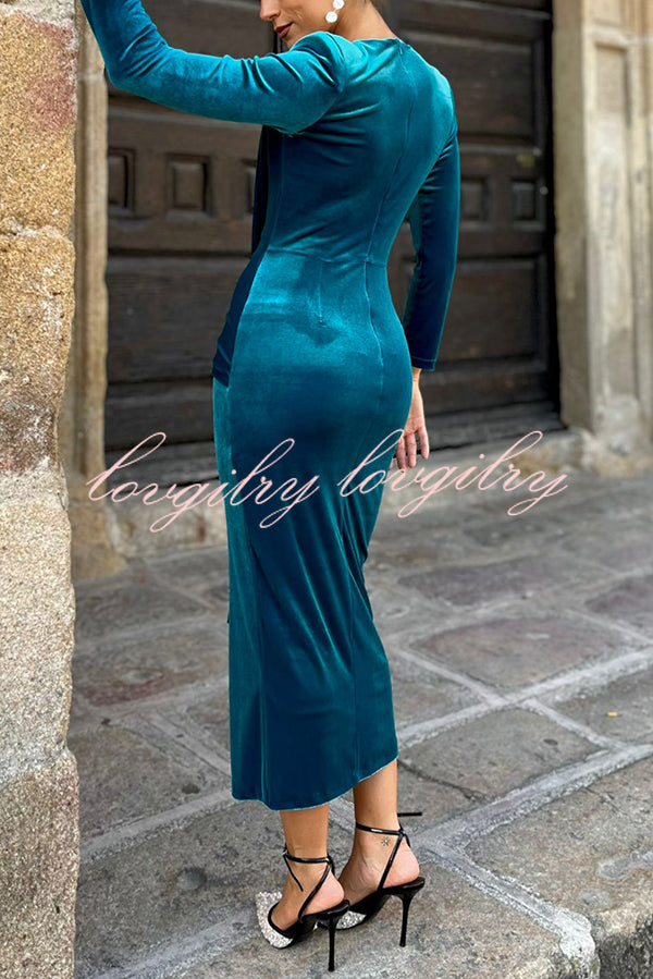 Elisabeth Luxurious Velvet Padded Shoulders Long Sleeve Twist Waist Drape Midi Dress