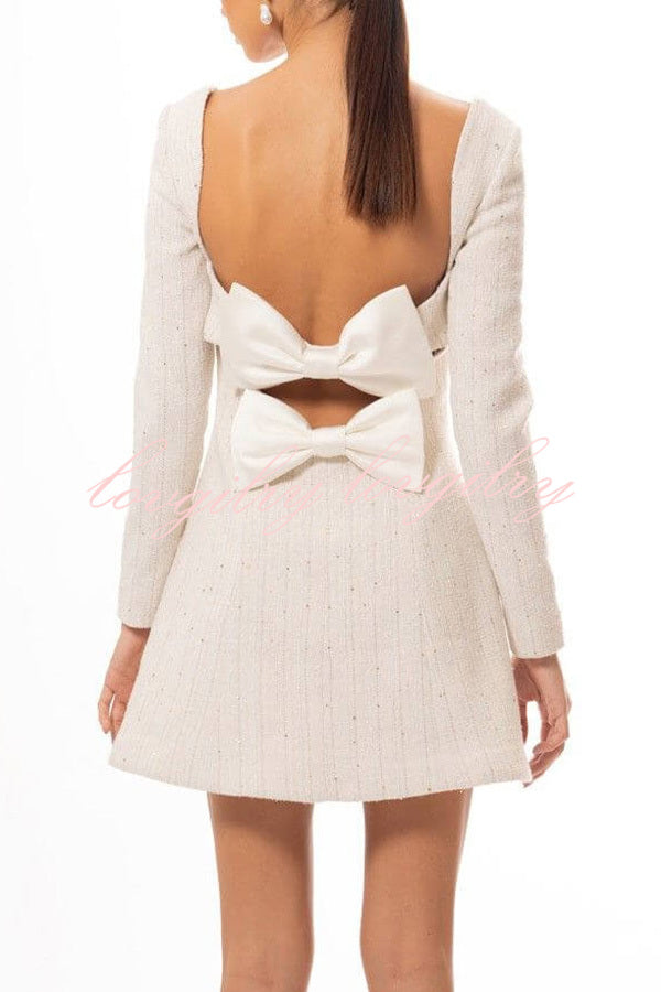 Chic Playful Vibes Tweed Square Neck Open Back Bows Mini Dress