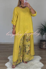 Linen Blend Crew Neck Long Sleeve Irregular Loose Top and Elastic Waist Floral Print Casual Pocket Set