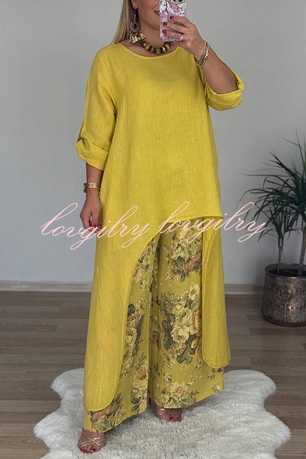 Linen Blend Crew Neck Long Sleeve Irregular Loose Top and Elastic Waist Floral Print Casual Pocket Set