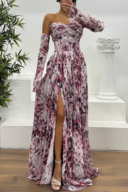 Reina Chiffon Floral Print Pleated Bodice Split Sleeve Strapless Slit Maxi Dress