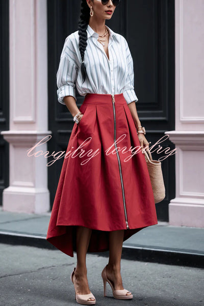 Effortless Charm Front Zipper Detail Pocketed High Low Pleated Midi Skirt